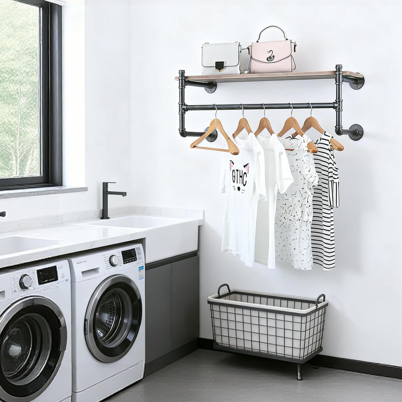OLDRAINBOW Industrial Pipe Clothing Rack Wall Mounted with Real Wood Shelf,Pipe Shelving Floating Shelves Wall Shelf,36in Retail Clothes Racks Display Rack
