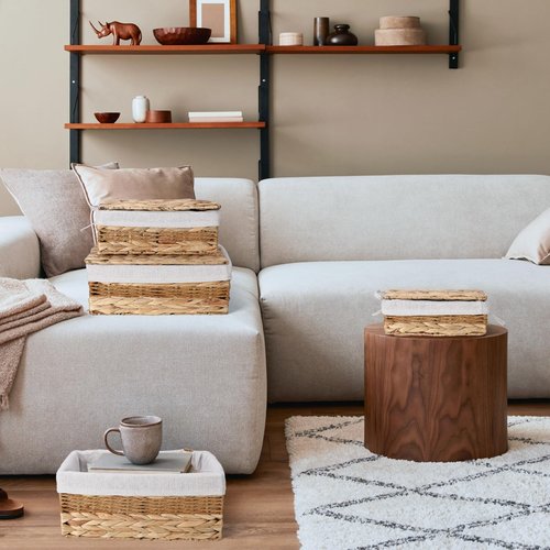 Soaoo Set of 4 Water Hyacinth Storage Basket with Lid, Pantry Rectangle Basket Organizer with Liner Natural Woven Organizer Farmhouse Storage Trunk Closet Storage Cubes for Bedroom Laundry Room