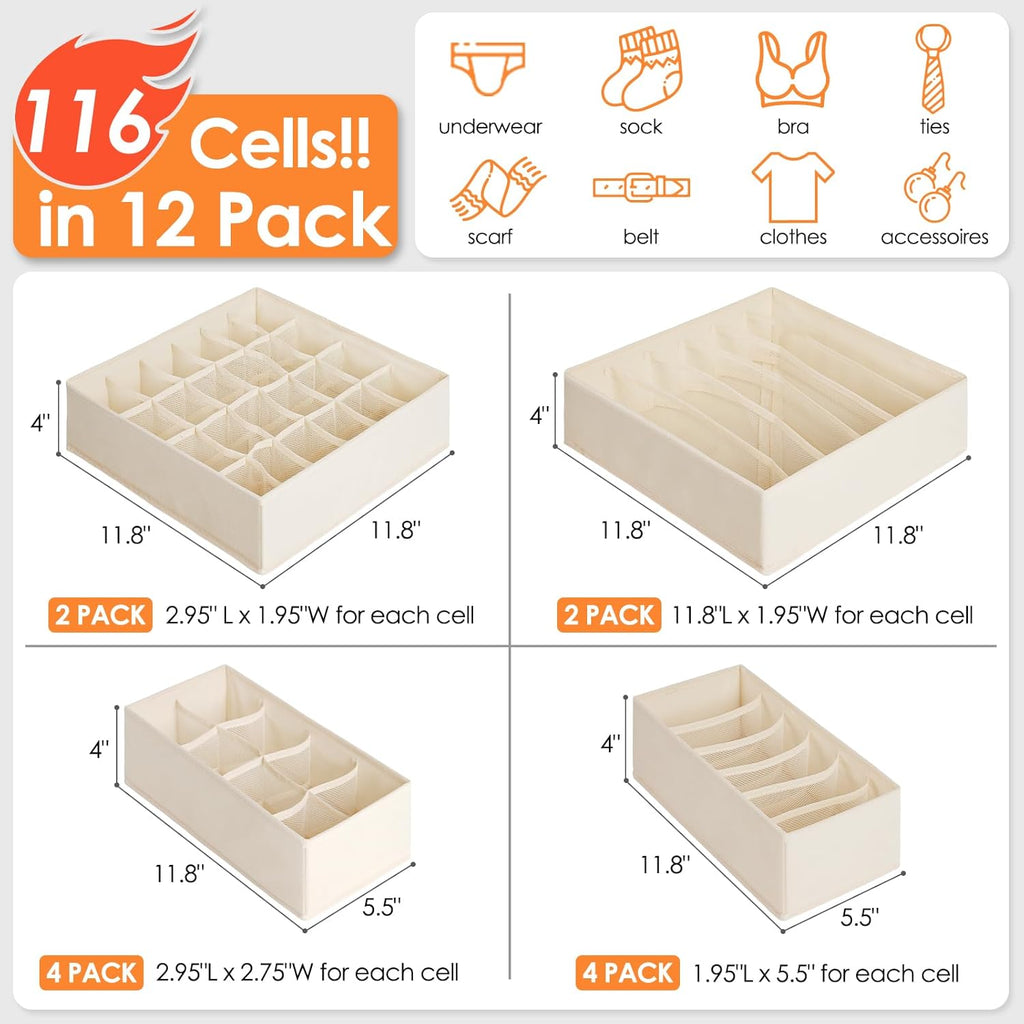 Skiennix 12-Pack Baby Clothes Organizer - Foldable Fabric Storage Bins for Nursery | 116 Cells for Clothing & Accessories