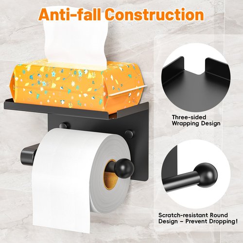Matte Black Toilet Paper Holder with Shelf, Wall Mount, Heavy Duty Metal, Fits Double Rolls, No-Drill Adhesive or Screw Mount for Bathroom, Kitchen, RV