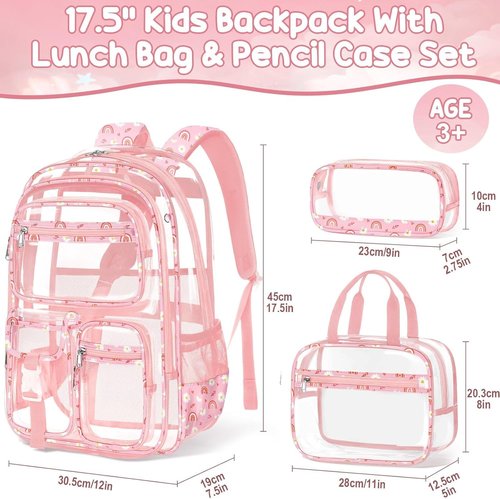 Fimibuke Clear Backpack - 3PCS Heavy Duty PVC Set with Lunch Box & Pencil Case | Cute Toddler School Bag for Preschool & Kindergarten