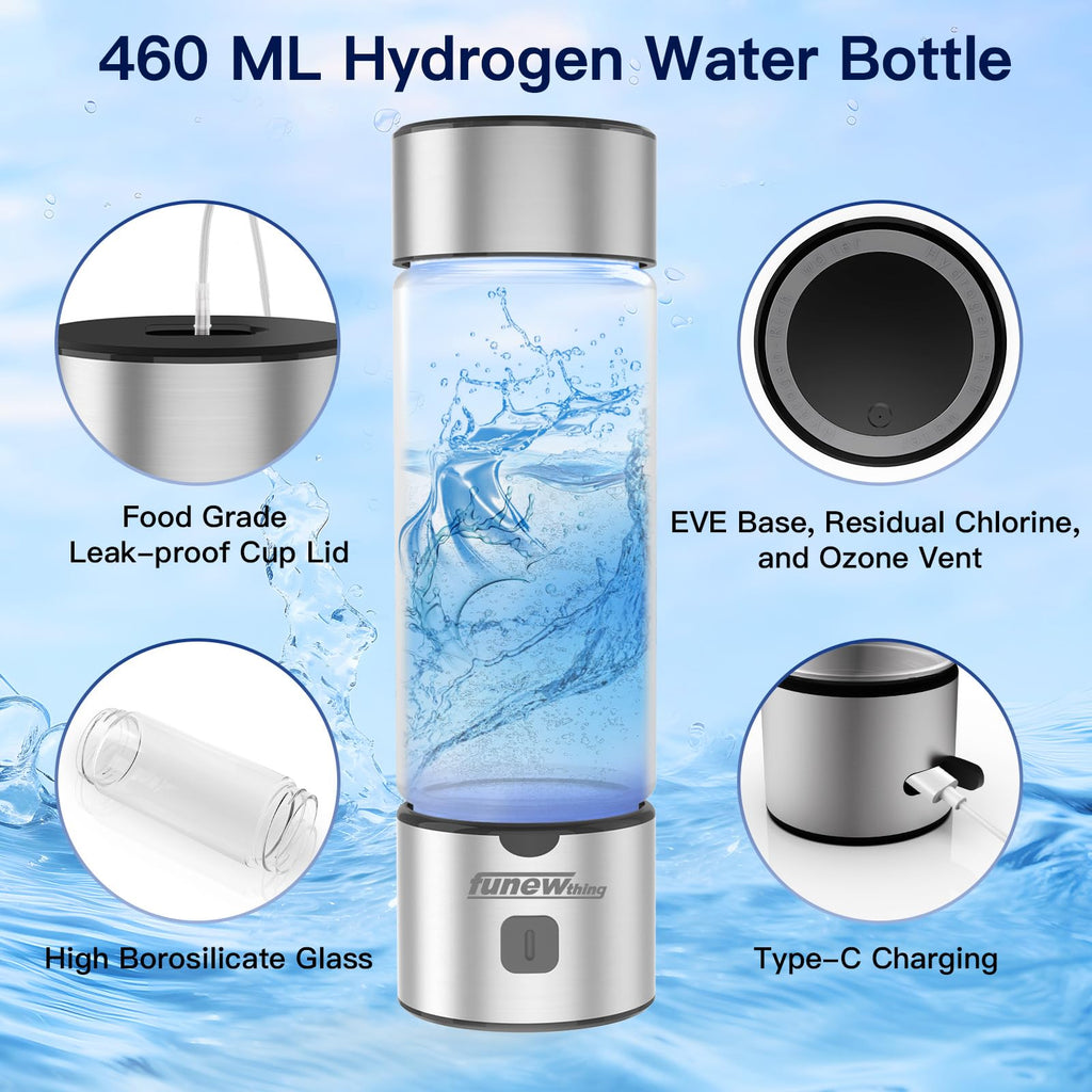 Hydrogen Water Bottle Generator, 2500ppb Portable Water Ionizer Machine with SPE/PEM Technology in 3-Minute Electrolysis, Rechargeable Hydrogen Rich Glass Cup for Home Office Travel & Fitness