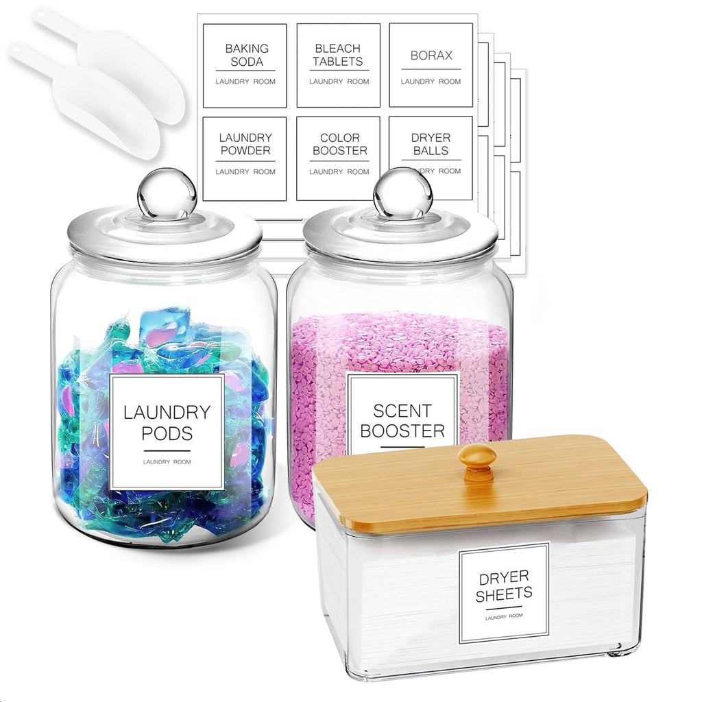 FyndraX Laundry Glass Jars with Dryer Sheets Holder, Containers with Scoop and Labels for Laundry Room Organization and Storage Detergents Pods or Powder, Scent Booster Beads, Set of 3