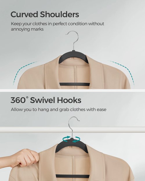 SONGMICS Velvet Hangers 50 Pack, Non-Slip Clothes Hangers, with Shoulder Notches, Pants Bar, 360° Swivel Hook, Space-Saving, for Closet, Ink Black UCRF029B05