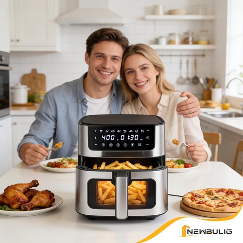 NEWBULIG Air Fryer - 6.34QT with Visible Window & Fast Heating | 8-in-1 Cooking Presets, Black Stainless Steel