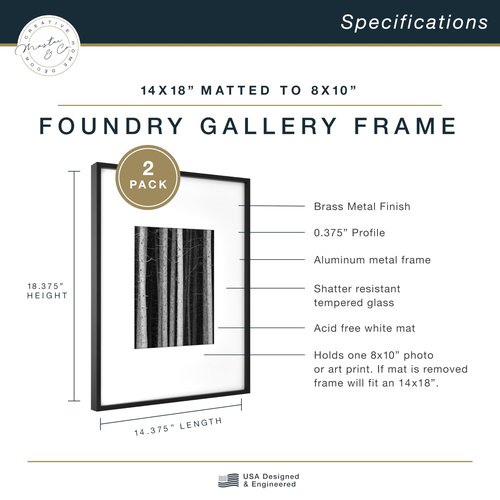 MCS Master & Co. Foundry Metal 14x18 Matted Picture Frame with 8x10 Photo Display, Black Vertical & Horizontal Wall Hanging Frame for Photos & Artwork (2-Pack)