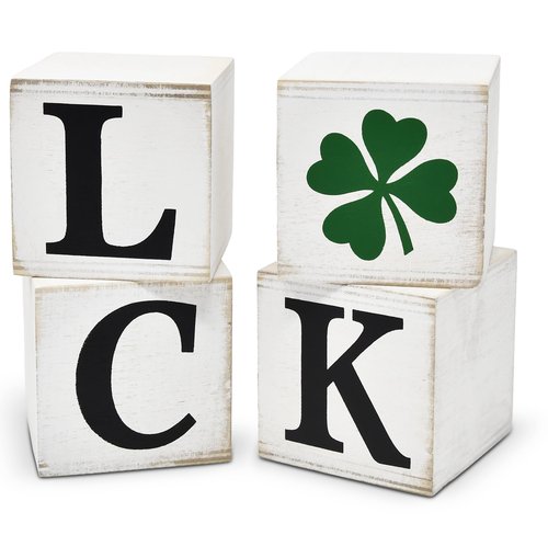 Gift Boutique St. Patrick's Day Decor Set of 4 Luck Wooden Block Clover Cube Signs Mantle Shelf Tiered Tray Decoration