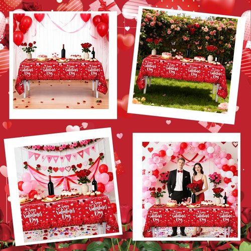 AIBIIN 3 Pieces Red Valentines Day Tablecloth Flower Happy Valentine's Day Decorations Disposable Party Supplies Valentines Day Party Plastic Table Cloth Disposable Table Covers 108 x 54 Inch
