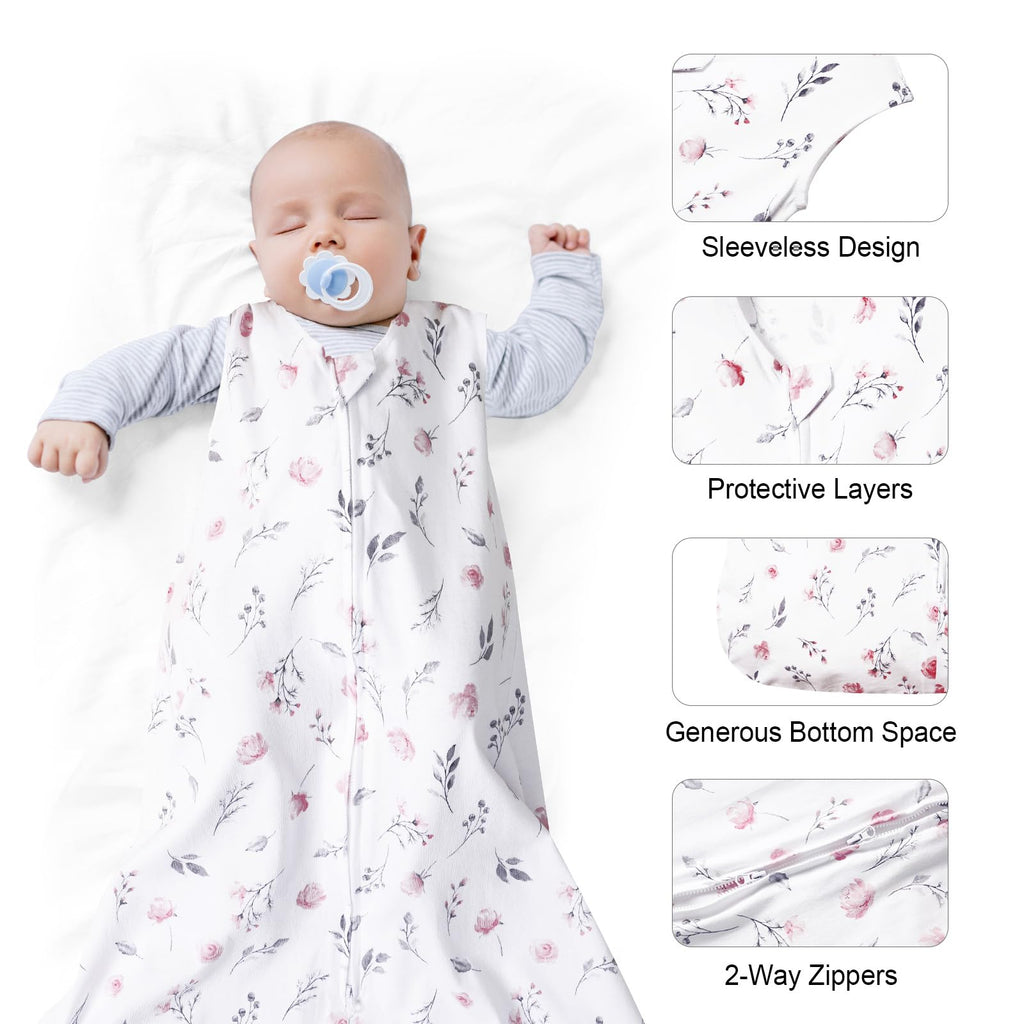 david's kids 3 Pack 100% Organic Cotton Baby Sleep Sack 6-12 Months, Ultra Soft Baby Wearable Blankets with 2-Way Zipper, Comfy Sleeping Bags for Infant Newborn Boys Girls Neutral, Medium Size, Floral