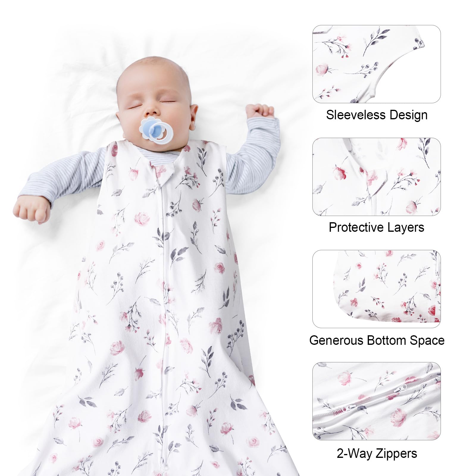 david's kids 3 Pack 100% Organic Cotton Baby Sleep Sack 6-12 Months, Ultra Soft Baby Wearable Blankets with 2-Way Zipper, Comfy Sleeping Bags for Infant Newborn Boys Girls Neutral, Medium Size, Floral