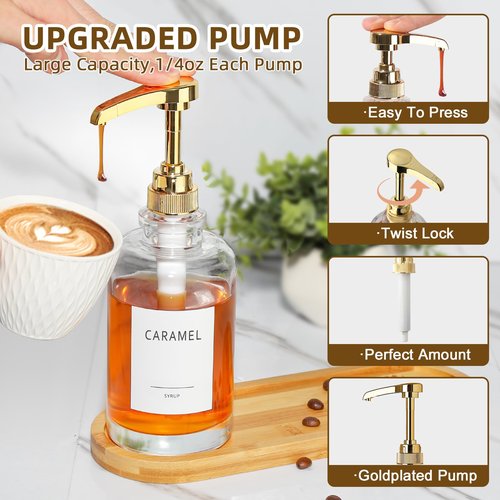 ALPIRIRAL Coffee Syrup Dispenser, Glass Syrup Pump Dispenser for Coffee Bar Accessories, Maple Syrup Bottles with Tray, 16.9 fl oz Simple Syrup Bottles with 1/4oz Large Capacity Gold Pump