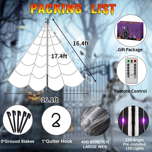 Halloween Decorations Outdoor Spider Web Lights,16.4Ft 220 LED Lighted Spider Web Light up with 8 Modes Waterproof Timer for Yard House Halloween Outdoor Decor Purple Spiderweb