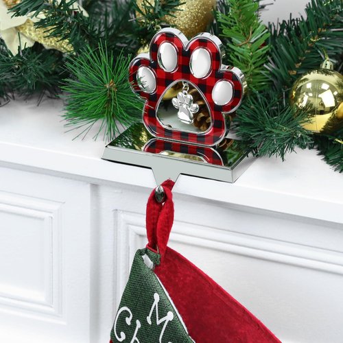Adecortalk Dog Paw Christmas Stocking Holder with Pendant for Mantel 3D Sliver Metal Pet Paw Stocking Hanger Mantel Buffalo Plaid Stocking Holder for Dog Lover Xmas Fireplace Mantel Table Decorations