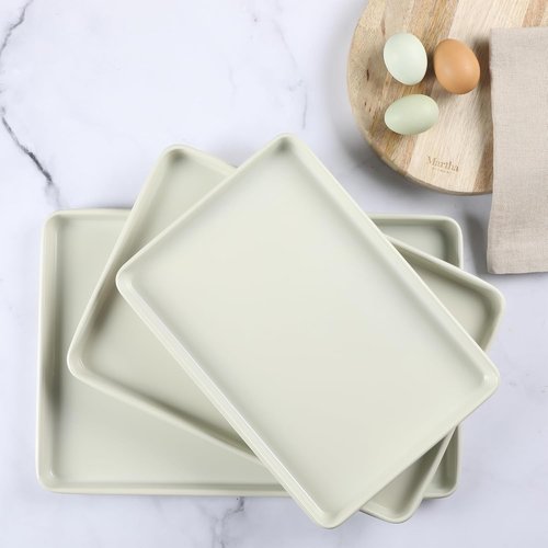 Martha Stewart Gallen 3-Piece Cookie Sheet Set - Ceramic Nonstick Baking Pans, Oven Safe to 450°F | Linen White