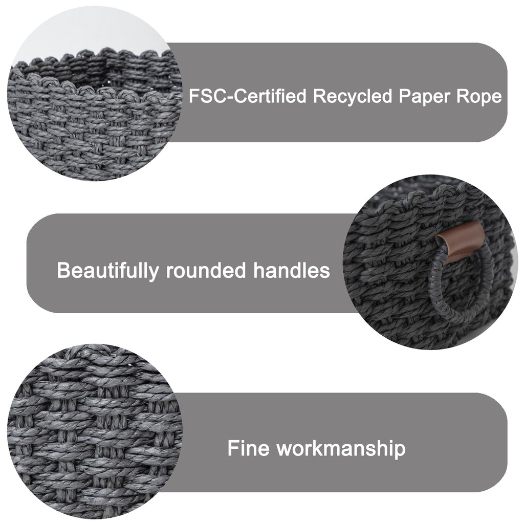 QingtuHome Paper rope Small Storage baskets for Organizing,Cute woven Little basket for Home，Shelves, Bathroom,Decorative basket,Set of 3 (Black)