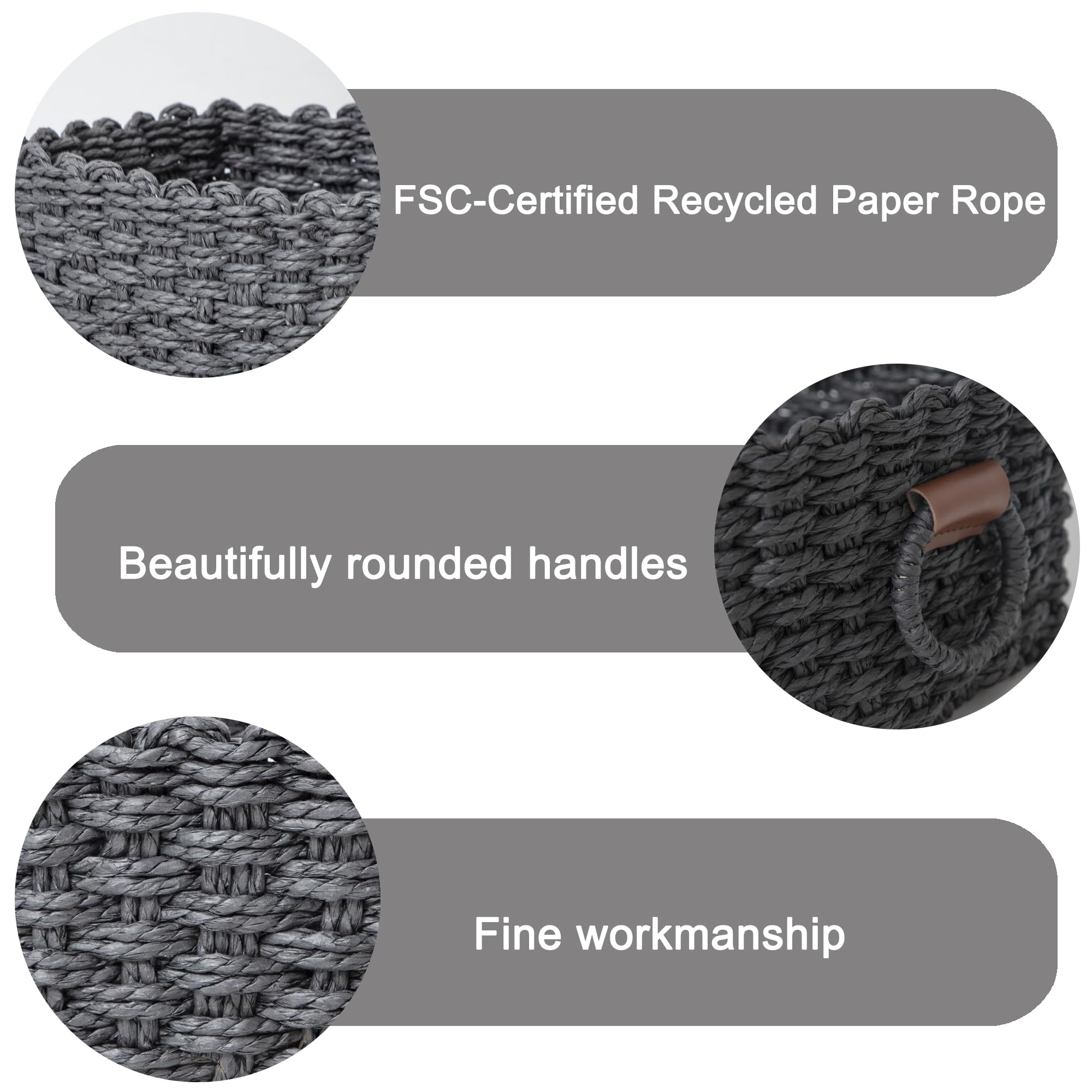QingtuHome Paper rope Small Storage baskets for Organizing,Cute woven Little basket for Home，Shelves, Bathroom,Decorative basket,Set of 3 (Black)