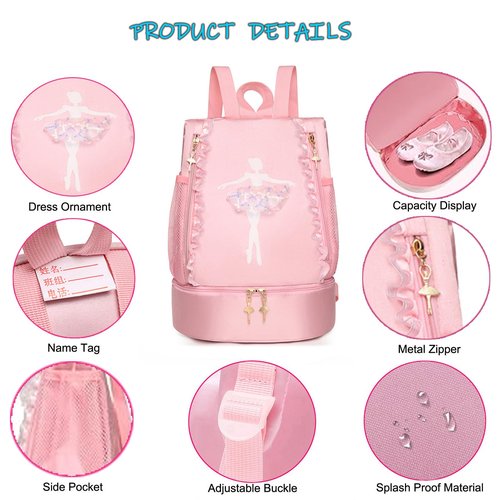 Ballet Dance Backpack with Separate Shoe Compartment,Cute Ballet Dance Backpack,Yoga Bag Dance Duffle Bag (Pink)