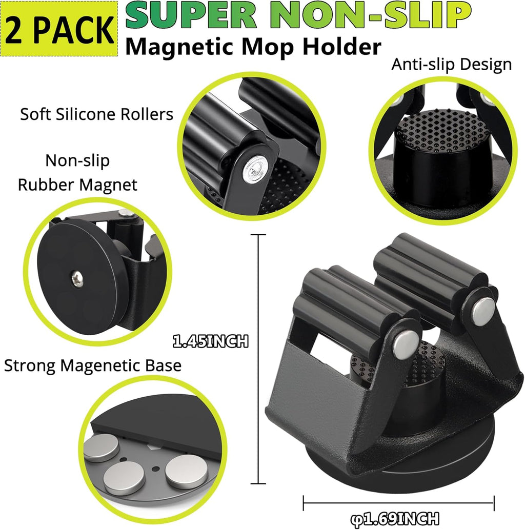 ULIBERMAGNET Magnetic Mop Holder - Heavy Duty Wall-Mounted Storage Rack | 2 Pack, Black
