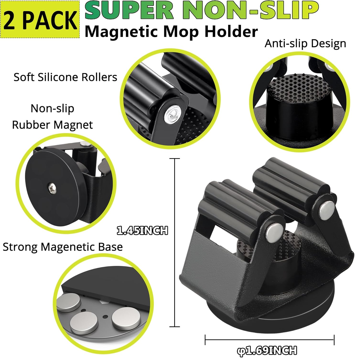 ULIBERMAGNET Magnetic Mop Holder - Heavy Duty Wall-Mounted Storage Rack | 2 Pack, Black