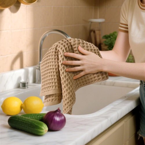 Jacquotha Waffle Bathroom Hand Towels 2-Piece (Tan) – Cotton, Soft, Lightweight, Lint Free, 13” x 29”