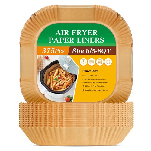 375Pcs Air Fryer Paper Liners, 8" Square Air Fryer Liners Disposable, Heavy-Duty Parchment Paper for 5-8 qt Airfryer, Non-Stick & Non-Leak Paper Liners for Oven Pan, Deep Fryer Parts & Accessories