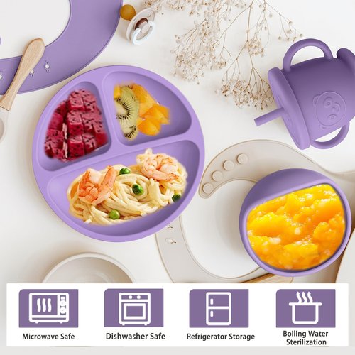 Munlinder Silicone Baby Feeding Set | Baby Led Weaning Supplies Includes Suction Bowls and Divided Plates, Adjustable Bib, Baby Utensils Spoons and Forks,Cup | Baby Feeding Essentials (Purple)