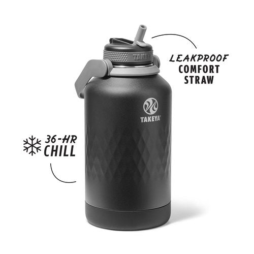 Takeya Sport 64 oz Triple-Insulated Stainless Steel Water Bottle, Straw Lid – Leakproof, Sweatproof, BPA-Free, Keeps Drinks Cold 36 Hrs, Hot 14 Hrs – Obsidian