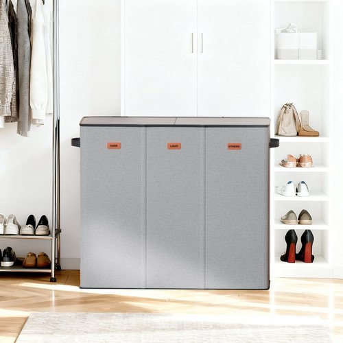 Fuonsyn 185L Laundry Hamper 3 Section with Lid, Grey Hamper 3 Compartment with 3 Removable Laundry Bags, Large Laundry Basket for Bedroom, Laundry Room, Dorm