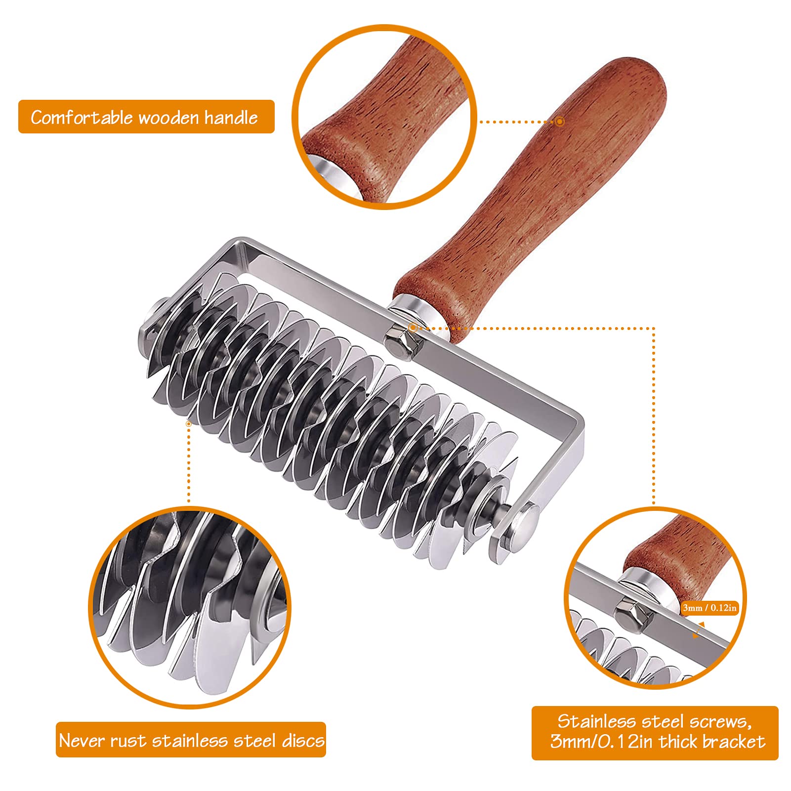 Stainless Steel Lattice Dough Cutter with Wood Handle, Pie & Pizza Pastry Roller maker, Bread Biscuit Maker