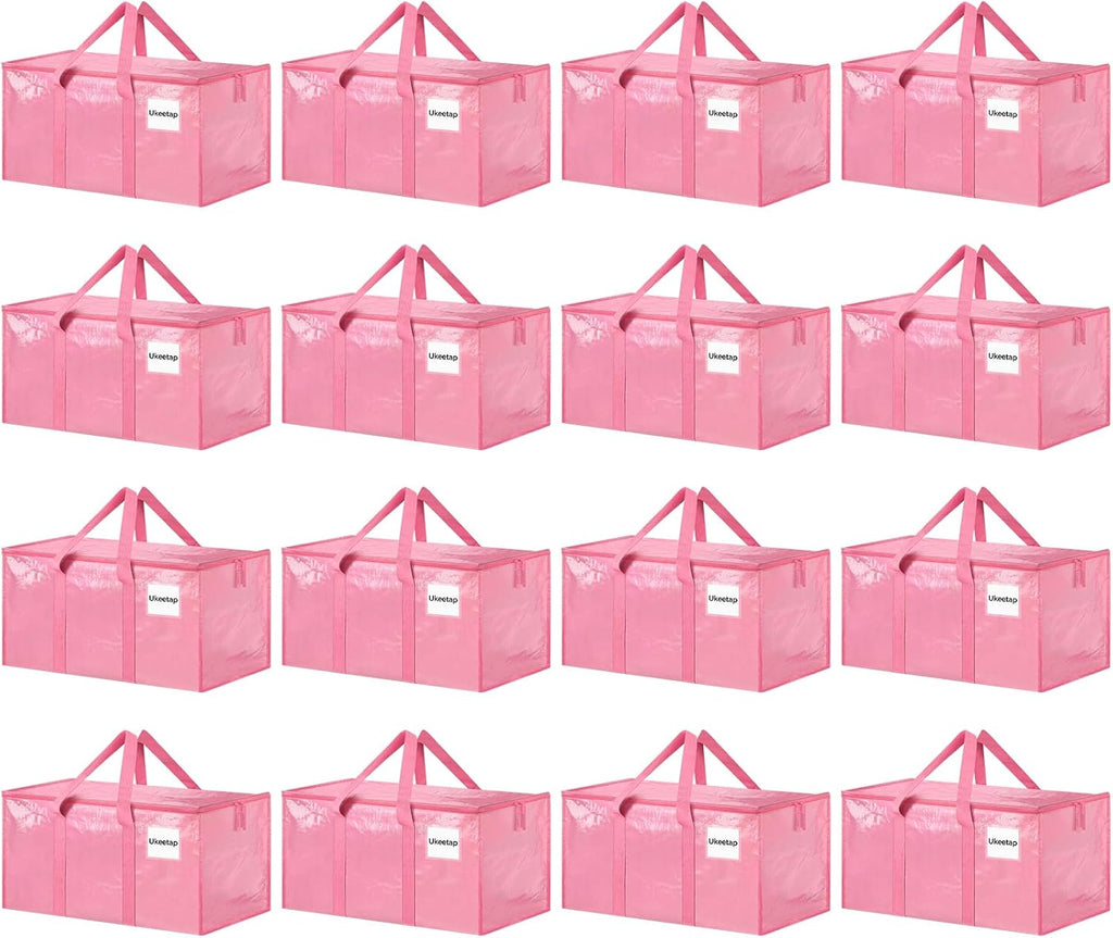 Skiennix Extra Large Heavy-Duty Moving Bags - 16 Pack Pink Storage Bins with Lids & Reinforced Handles