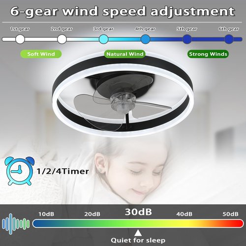 Low Profile Ceiling Fans with Light,16in Flush Mount Ceiling Fan with 6 Wind Speeds,Ceiling Fan Light with Remote for Bedroom,Living Room( Black )