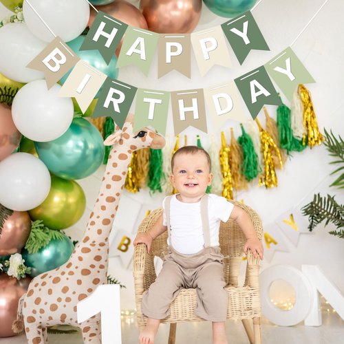 JarThenaAMCS Sage Green Happy Birthday Banner - Ivory Brown Hanging Banner Handmade Party Bunting Garland for Birthday Tea Baby Shower Home Nursery Backdrop Decor