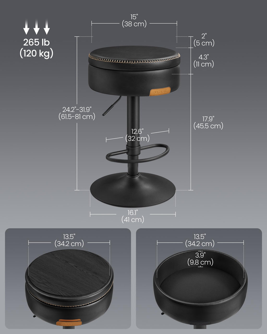 VASAGLE EKHO Collection - 360° Swivel Bar Stool, Height Adjustable Barstool with Storage, Synthetic Leather with Stitching, Mid-Century Modern, Kitchen Bar, Easy Assembly, Ink Black