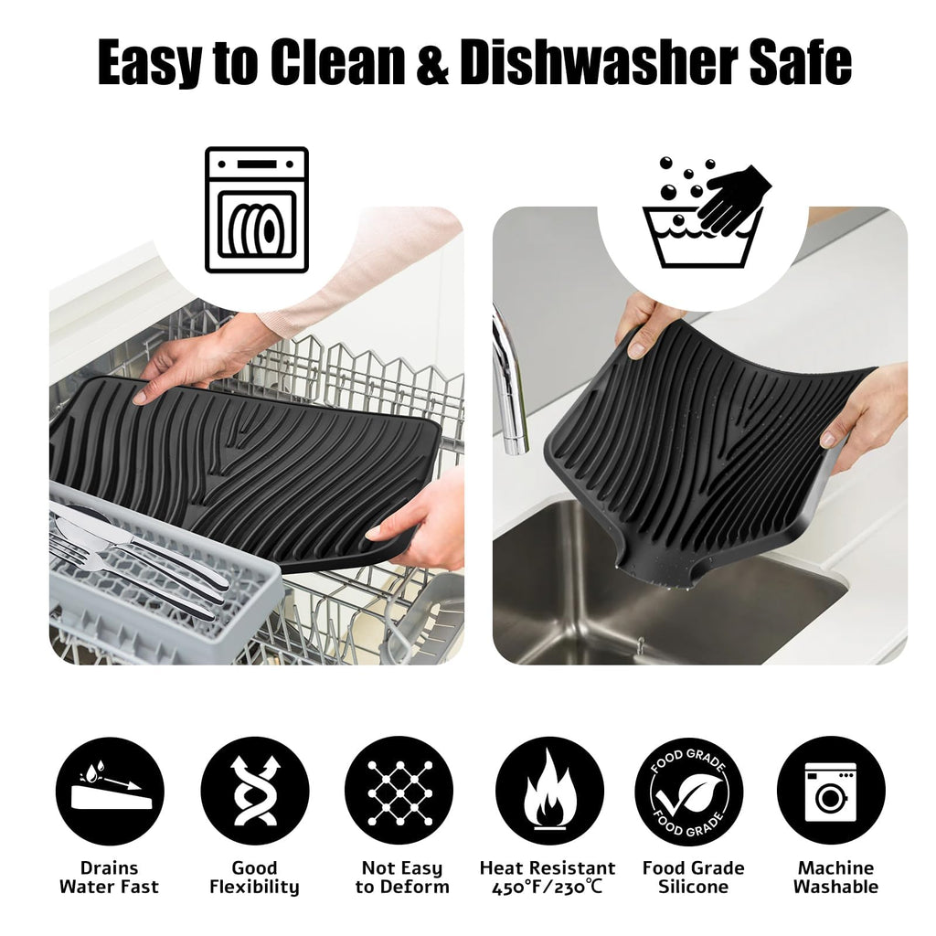 TIKNIK Silicone Dish Drying Mat, Stone Drying Mat for Kitchen Counter with Built-In Drain, Non-Slip Drain Pad with Built-in Drain, Heat Resistant Stone Drying Mat, Hangable, Black-1pc, 20" x 15"