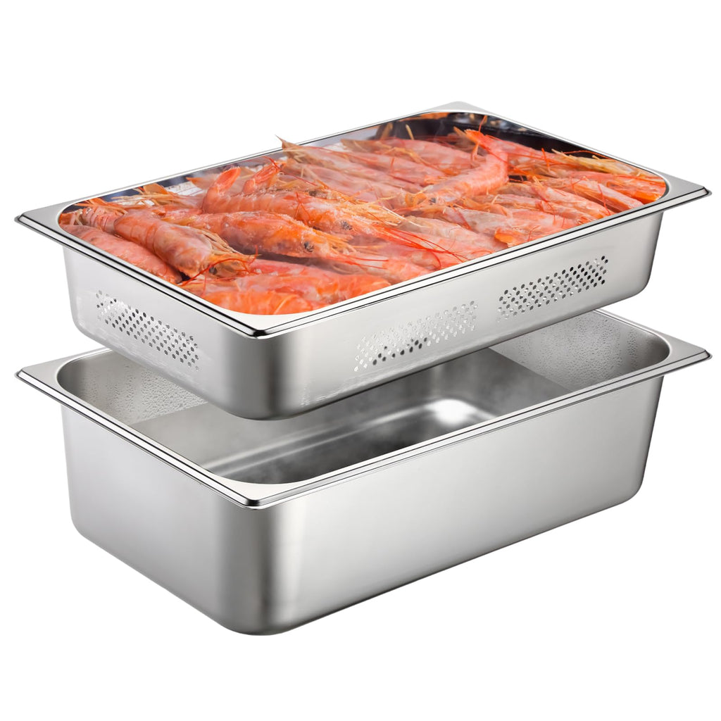 Tioncy 2 Pack Full Size Hotel Pans with Perforated Steam Pan, Stainless Steel Steam Table Pan Multifunctional Food Chafing Supplies for Restaurant Kitchen(Full Size, 4 Inches, 6 Inches)