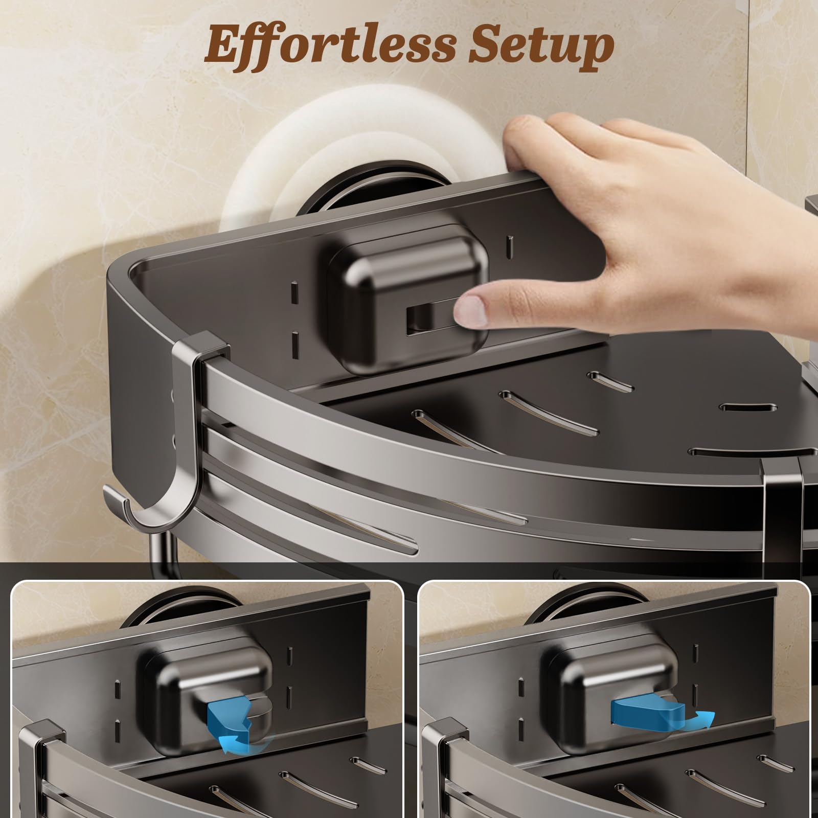 SUBUCOYO Corner Shower Caddy Suction Cup, 2 Pack Shower Shelves Corner No Drilling, Aluminum Alloy Shower Organizer Suction Cup, Removable Bathroom Storage Rack with Towel Bar & Hooks(Gray)