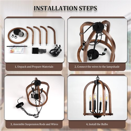 Farmhouse Wood Chandelier, 4-Light Light Fixtures, 12.6” Brown Wood Chandeliers for Dining Room, Hanging Pendant Chandeliers with Candle Style E12 Base for Living Room Kitchen Island Bedroom Foyer