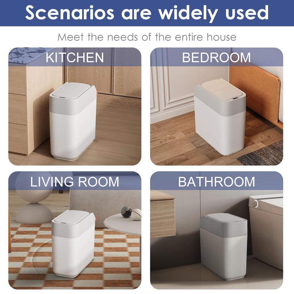Small Bathroom Trash Cans with Lids,Motion Sensor Bathroom Trash Can,Waterproof Plastic 3.2 Gallon Automatic Adsorption Touchless Garbage Can for Kitchen,Living Room,Office,Laundry,White/Grey