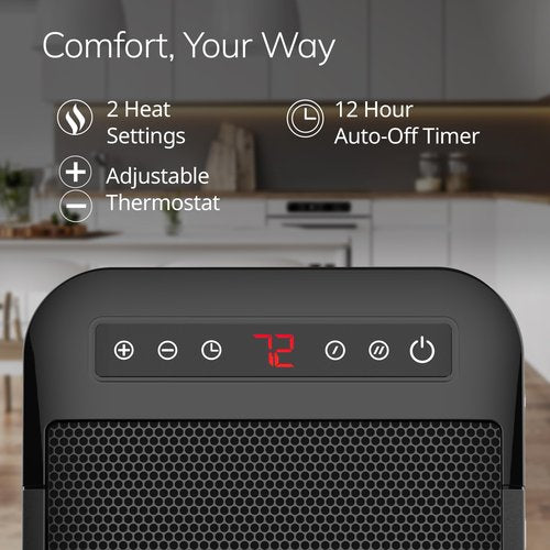 Lasko MyHeat Max Portable Ceramic Space Heater, Tip Over Switch, Overheat Protection, 2 Heat Settings, Adjustable Thermostat, Timer, for Indoor Use, Home, Office, 9 Inches, 1500W, Black, CD09101