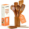 Skiennix Non-Toxic Wooden Kitchen Utensils Set - 15.4" Long Handle Spatula, Ladle, Spoon & Holder