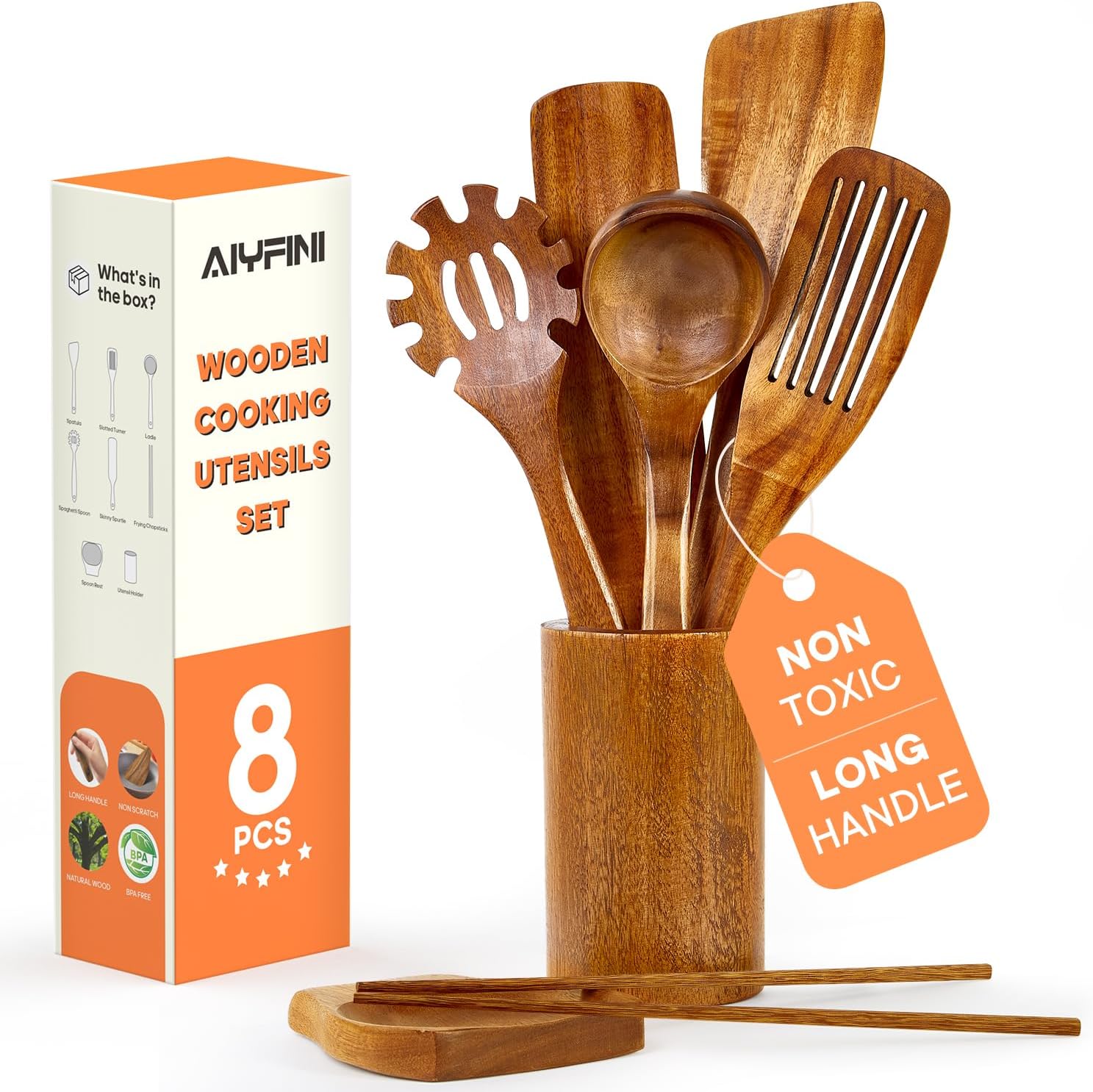 Skiennix Non-Toxic Wooden Kitchen Utensils Set - 15.4" Long Handle Spatula, Ladle, Spoon & Holder