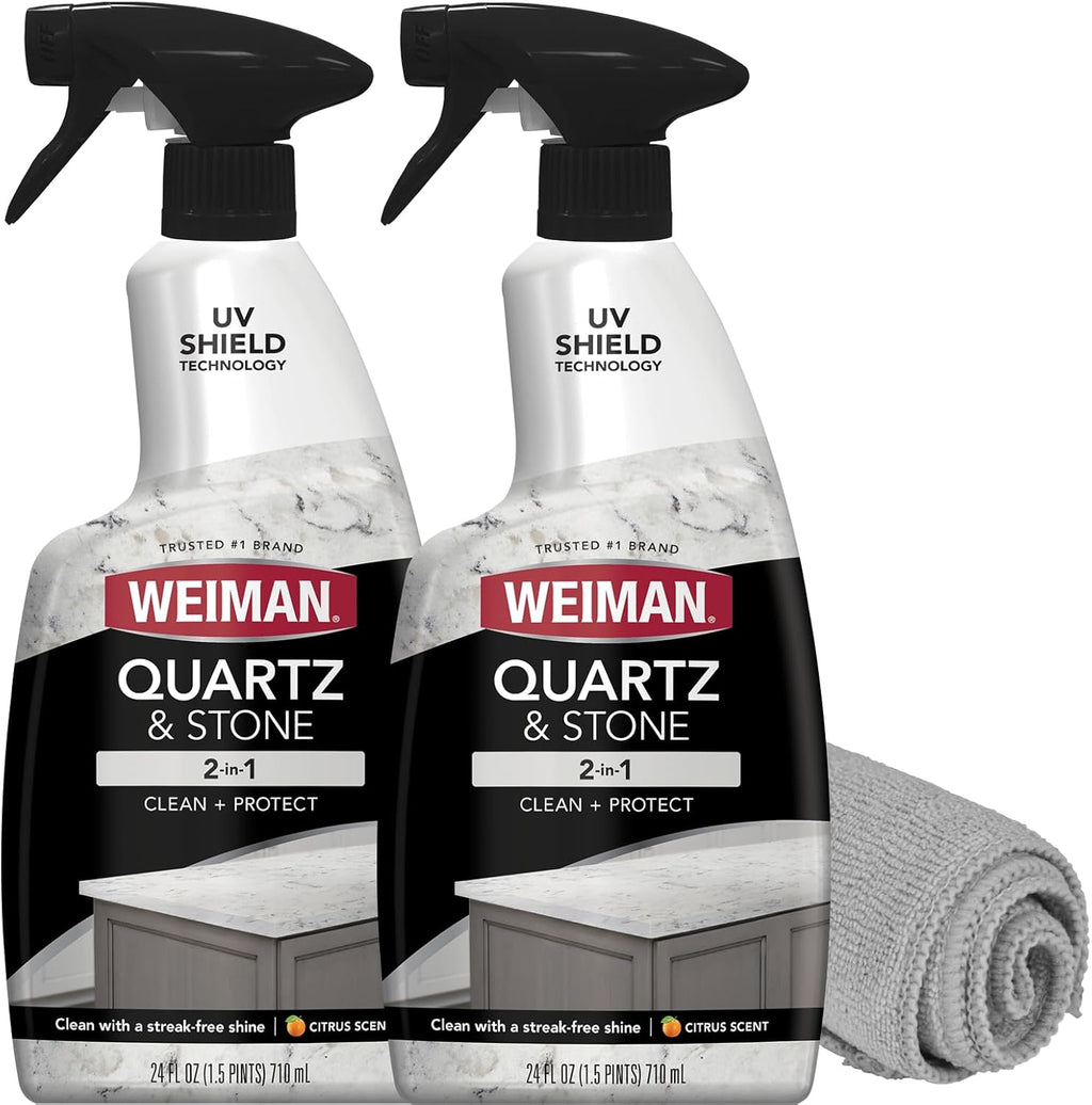 Weiman Quartz Countertop Cleaner - UV Protection for Clean & Shiny Stone Surfaces | 24 Ounce, 2 Pack with Microfiber Towel