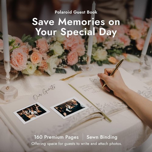 Linen Embroidered Photo Wedding Guest Book - Premium Hardcover Pink Polaroid Guestbook for Wedding Reception, Baby Shower, Bridal Shower, Funeral, Engagements -160 Pages for Notes 10.25" × 8.25"