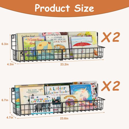 X-cosrack 24 Inch Wall Mounted Kids Bookshelf, Floating Metal Book Shelves for Kids Nursery Toddler Classroom, Hanging Book Shelf Organizer for Room Decor, Black, Set of 4