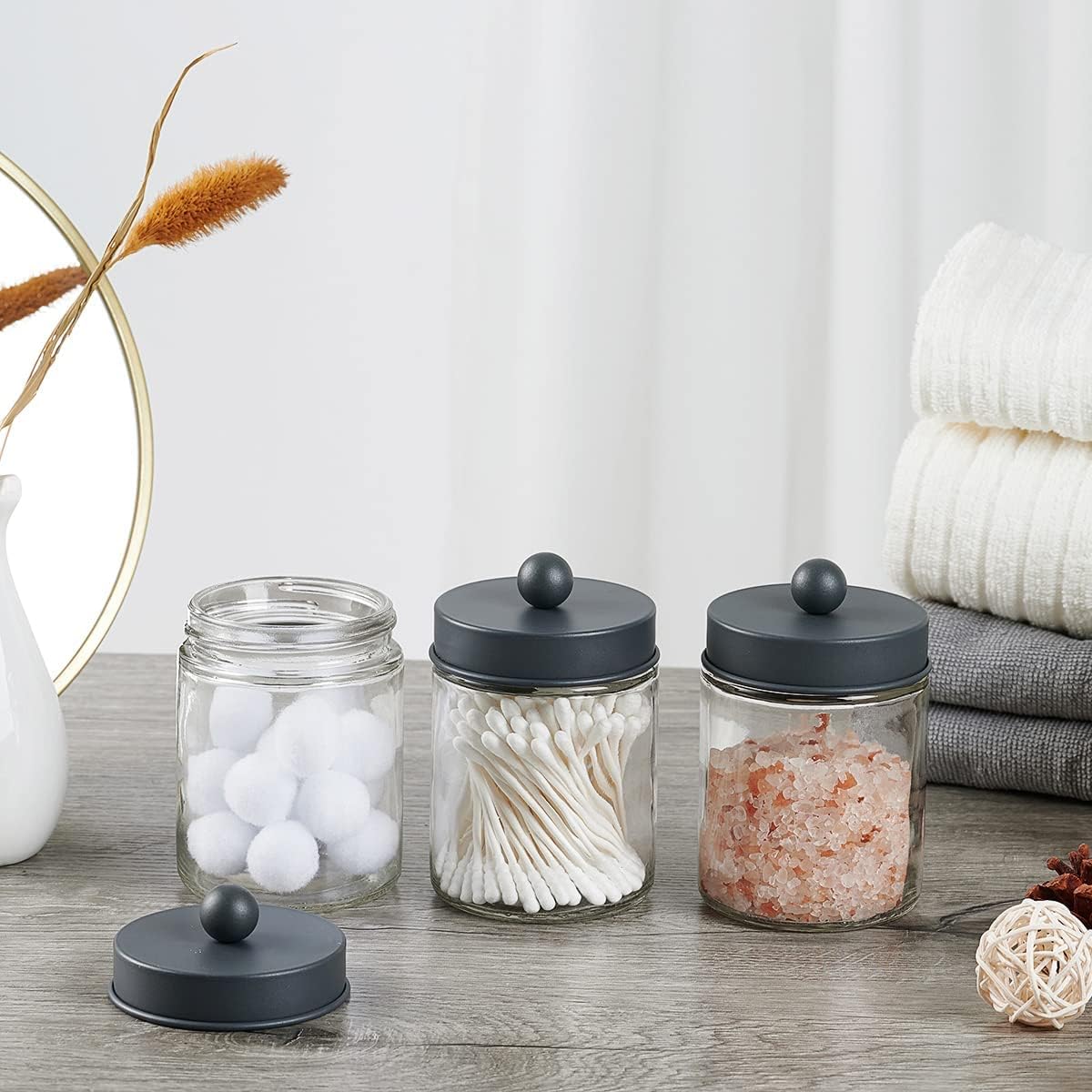 Amolliar Apothecary Jars - Stylish Bathroom Storage Organizer | Glass Canister with Lid for Q-Tips, Cotton Swabs & Makeup Accessories - Grey (2 Pack)