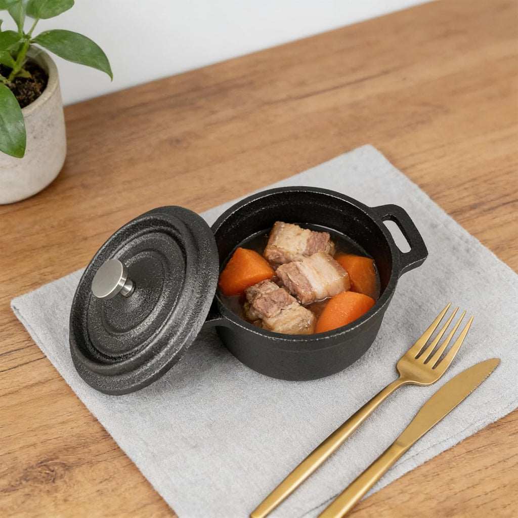 Skiennix Mini Dutch Oven - 6 Pcs Round Cast Iron Cocotte Pot with Lids & Dual Handles | 8 oz Black