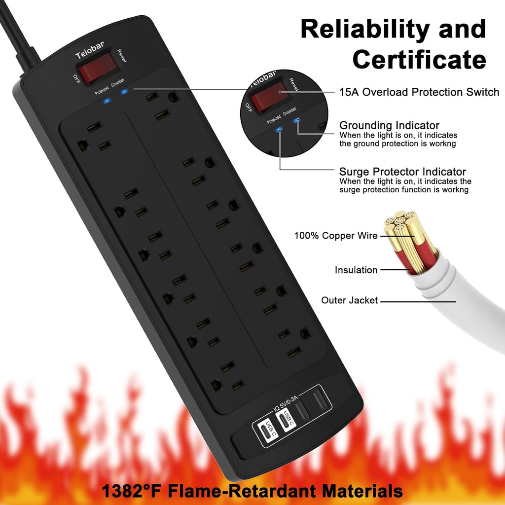 Teiobar Surge Protector Power Strip - 6 Ft Extension Cord with 12 AC Outlets & 4 USB Ports | Black, 1875W/15A