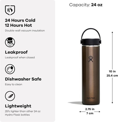 Hydro Flask 24 Oz Hiking Water Bottle - Lightweight Trail Series with Wide Flex Cap in Obsidian