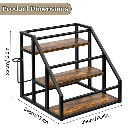 Homedawn Coffee Syrup Rack Organizer, Spice Racks, Syrup Bottle Holder Stand for Coffee Bar, 3-Tier 12 Bottles Storage Shelves for Syrup, Wine, Dressing for Kitchen Countertop, Rustic Brown & Black
