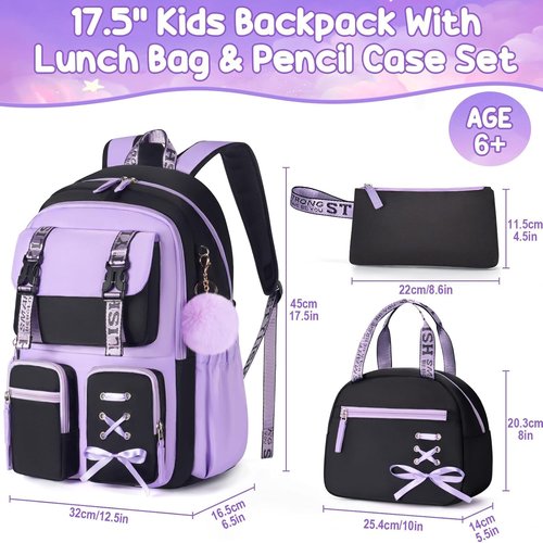 Fimibuke Girls Backpack Set - 3 PCS Waterproof Design with Lunch Box & Pencil Case | Ideal for School & Travel